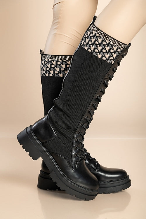 Faux Leather Lace-Up Boots, U9X24154, Black
