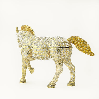 Large Golden Horse Decorated with White Crystals