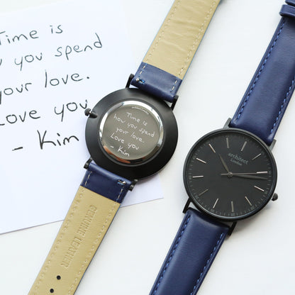 Handwriting Engraving - Men's Minimalist Watch + Admiral Blue Strap