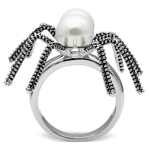 3W226 - Rhodium Brass Ring with Synthetic Pearl in White