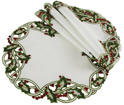 XD14791 Holly Embroidered Doilies, Set of 4