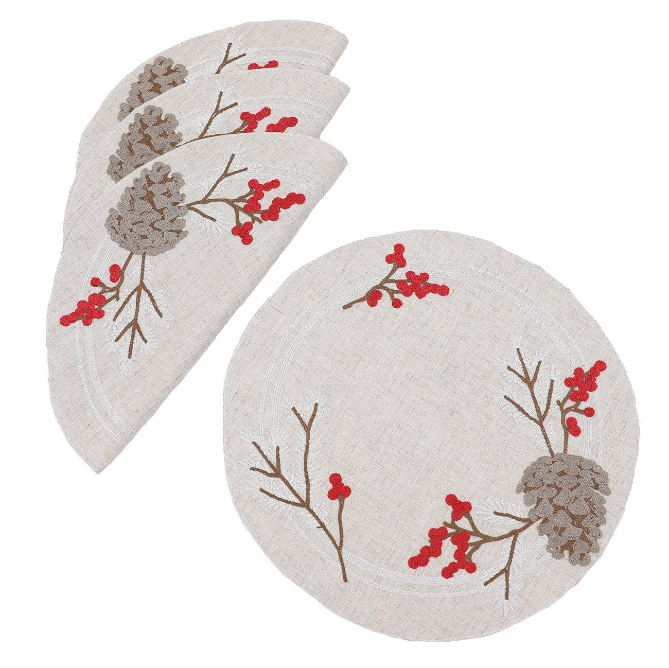 XD19811-Christmas Pine Cone Crewel Embroidered Placemats 16-Inch