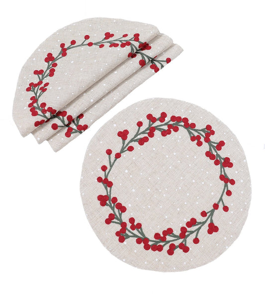 XD19816-Holly Berry Branch Crewel Embroidered Christmas Placemats