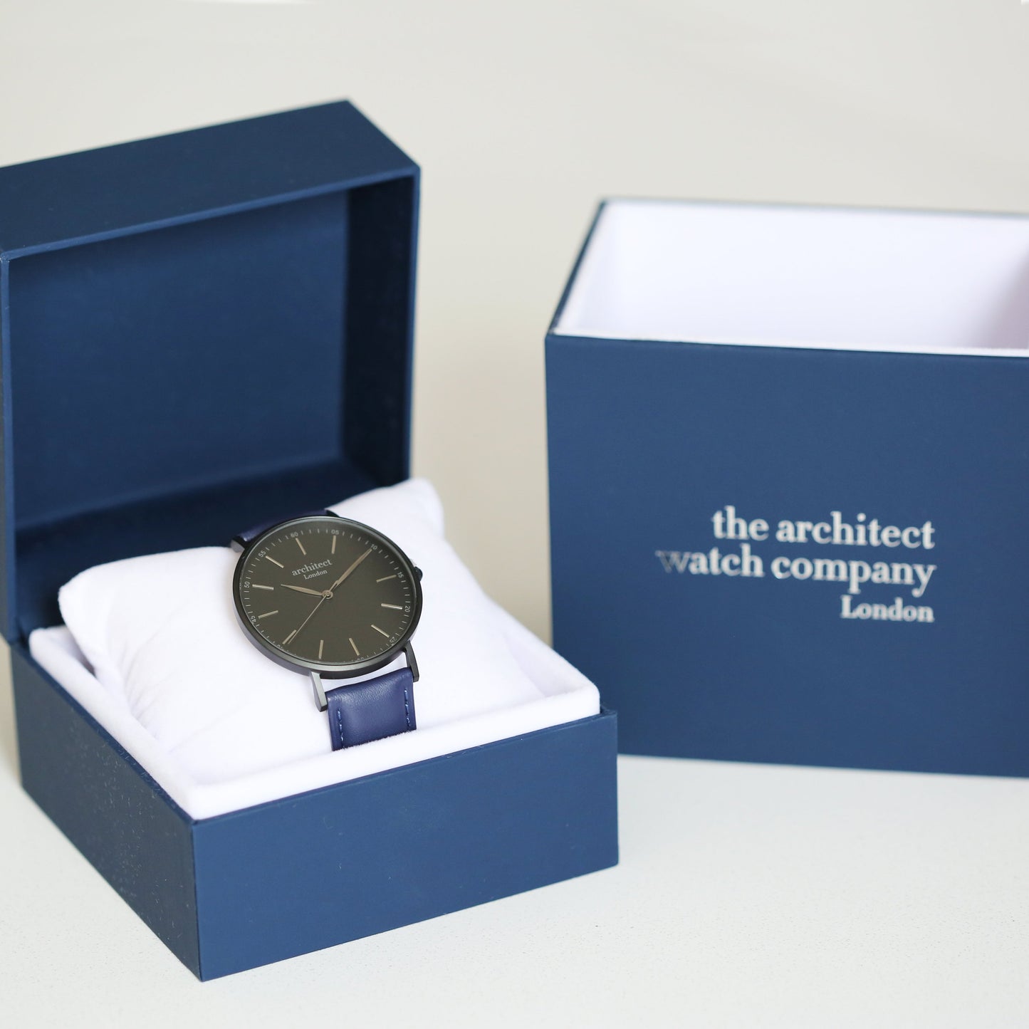 Modern Font Engraving - Men's Minimalist Watch + Admiral Blue Strap