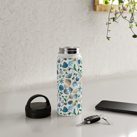 Blue Ink Floral Handle Lid Water Bottle