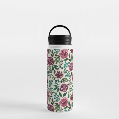 Deep Magenta Floral Eucalyptus Handle Lid Water Bottle