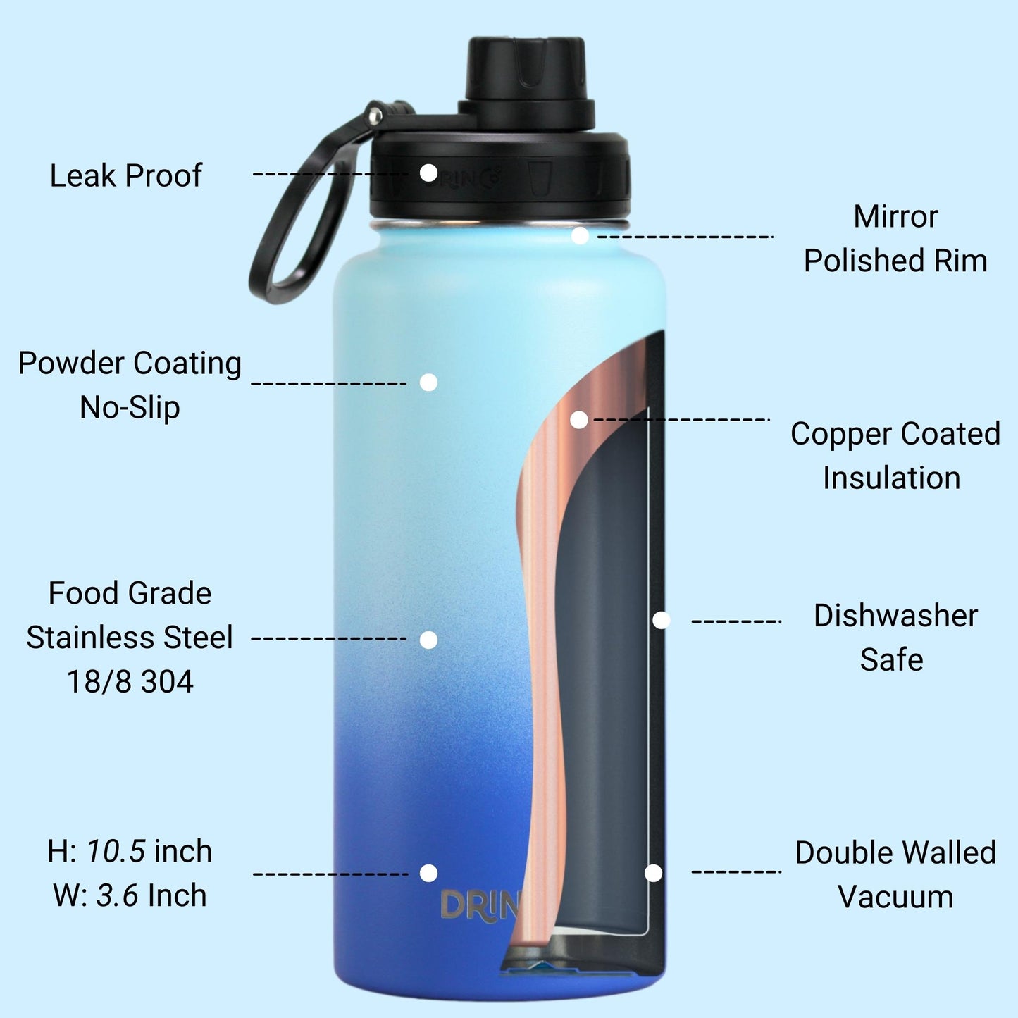 DRINCO® 32oz Stainless Steel Water Bottle -Morning Sky Blue