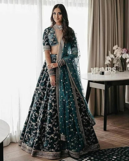 Semi Stitched Blue Velvet Lehenga Choli Wedding Party Wear Lengha