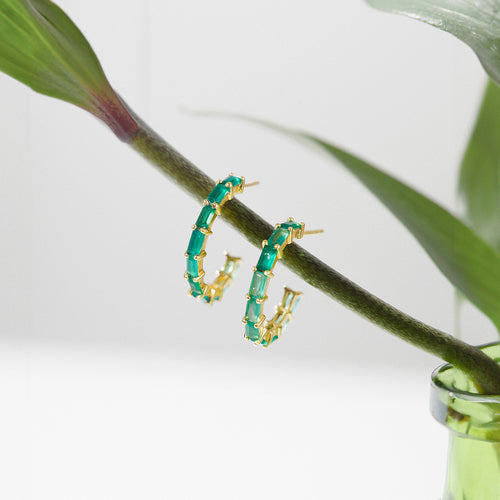 Green Gemstone Earrings, Green Onyx Earrings, Stone Hoop Earrings