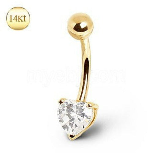 14Kt Yellow Gold Navel Ring with Heart Gem Prong Setting