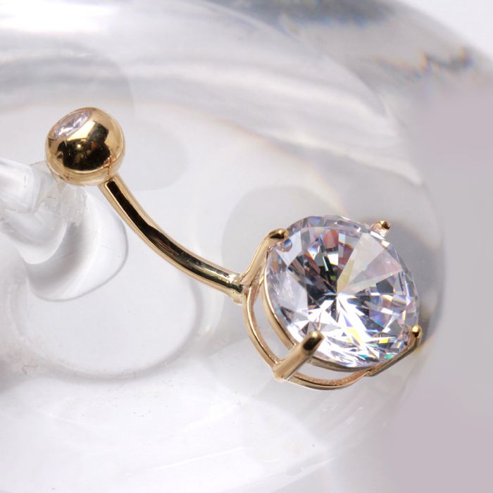 14Kt Yellow Gold Navel Ring with Large Clear Round Prong Set CZ