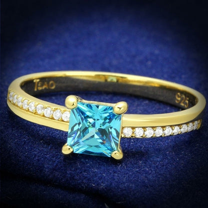 TS559 - Gold 925 Sterling Silver Ring with AAA Grade CZ  in Sea Blue